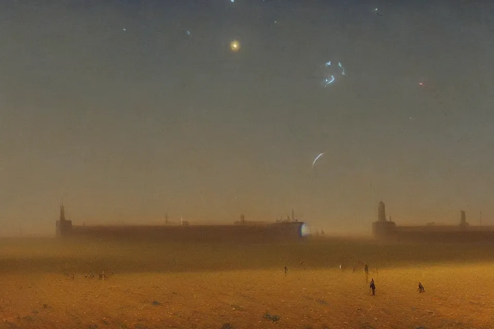 Image similar to sci-fi painting of a large alien city on the vast wheat fields, the closed back view of only one humanoid robot on the ground, by Ivan Aivazovsky, godrays, detailed