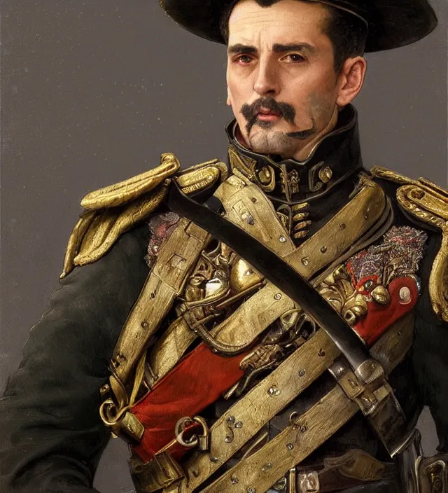 Prompt: portrait of an italian man wearing a traditional nineteenth century italian empire military uniform, metal shoulder pauldrons, intricate, highly detailed, digital painting, artstation, concept art, sharp focus, cinematic lighting, illustration, art by artgerm and greg rutkowski, alphonse mucha, cgsociety