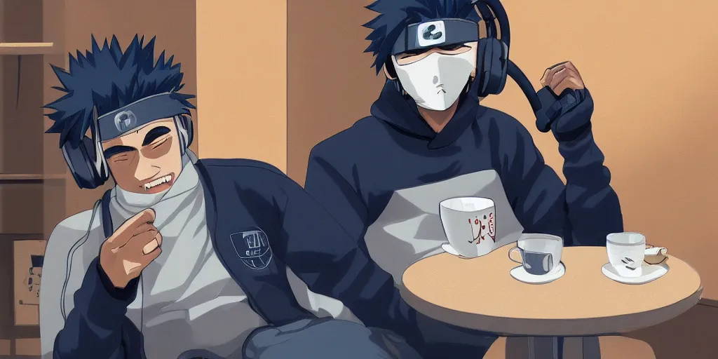 Image similar to kakashi hatake wearing headphones and a navy blue hoody having tea at a tea shop in toyko, aesthetic, digital painting, artstation, highly detailed, 4 k