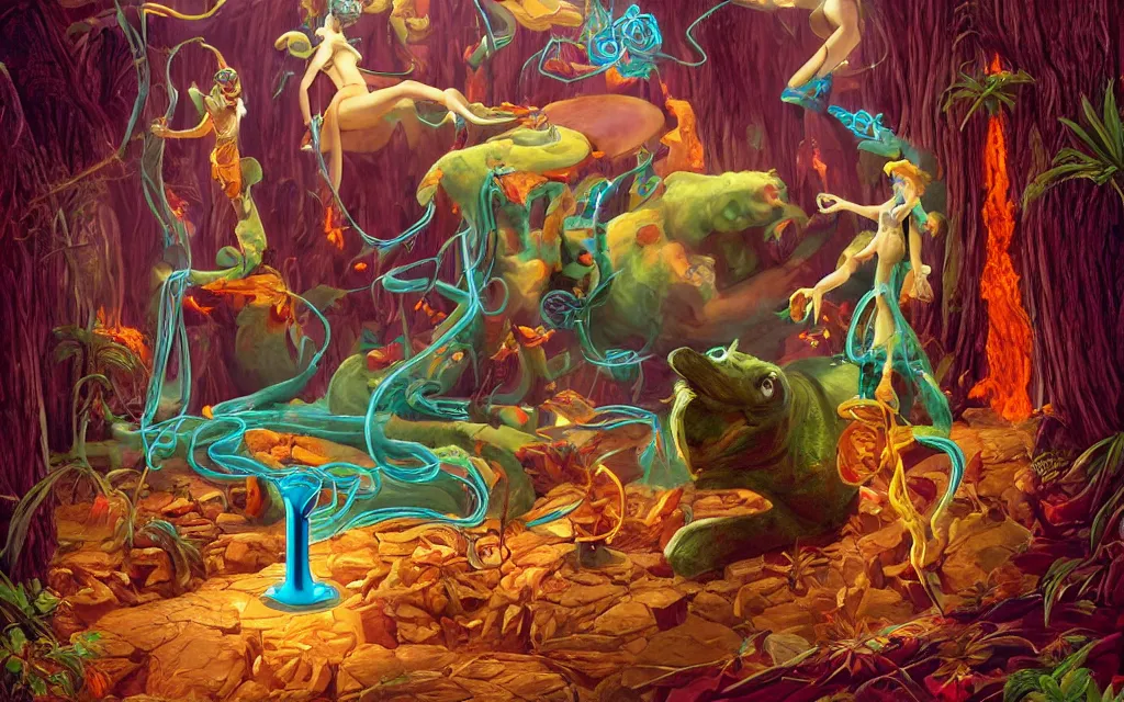 Prompt: Minotaur Genie with snakelike limbs wearing oversized cowboy hat trapped in a tonic stimulant lava lamp bottle, the spirit of the bull run, Uncle Aloysius brand SNAKE OIL in the large hadron particle collider casino rain forest jungle rivers of Formosa, 35mm film still, art by gil Elvgren and Ilya kuvshinov