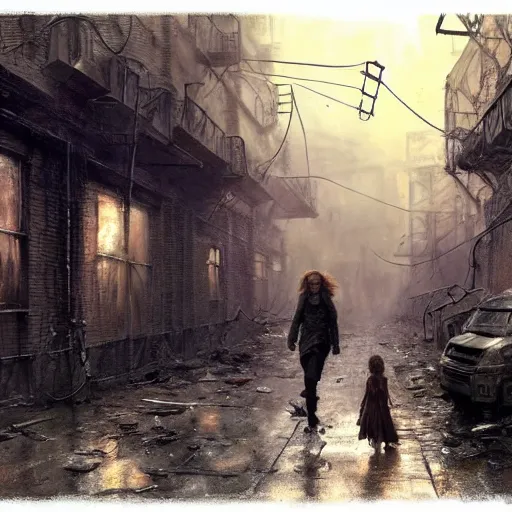 Image similar to sadie sink runs desperately | a mechanical monstrosity chases sadie sink | alleyway near decaying tenements. concept art for scifi dystopian film. by nikolay makovsky, bob byerley, wadim kashin, andrea kowch. cinematic moody atmosphere, detailed and intricate, perfect anatomy