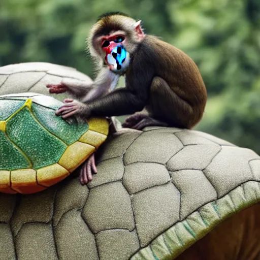 Image similar to a monkey riding on the back of a turtle