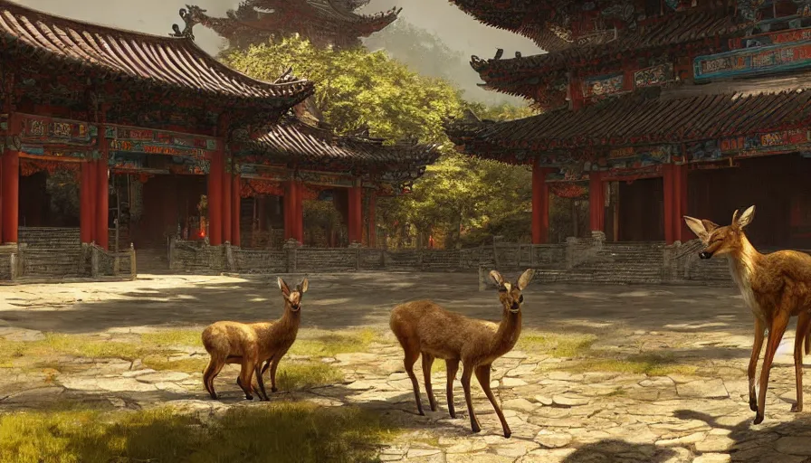 Image similar to craig mullins and ghibli digital illustration of 2 deers and camers a broken chinese temple unreal engine, hyper realism, realistic shading, cinematic composition, realistic render, octane render, detailed textures, photorealistic, wide shot