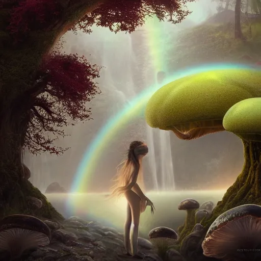 Prompt: tom bagshaw, soft painting render curiosities pond vegetation rocks gigantic mushrooms covered moss scintillating flying bioluminescent wisps, beautiful miniature silhouettes waterfall rainbow wildlife, accurate features, focus, very intricate ultrafine details, random volumetric lighting, fog, award winning masterpiece, octane render 8 k hd, artstation