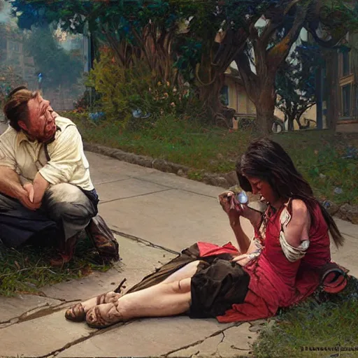 Image similar to alex jones begging on the side of the road, award winning painting by stanley artgerm lau, greg rutkowski, thomas kindkade, alphonse mucha, loish, norman rockwell,