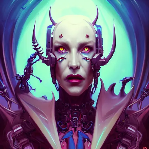 Image similar to a portrait of a beautiful demonic cybernetic grand duchess of hell, cyberpunk concept art by pete mohrbacher and wlop and artgerm and josan gonzales, digital art, highly detailed, intricate, sci-fi, sharp focus, Trending on Artstation HQ, deviantart, unreal engine 5, 4K UHD image