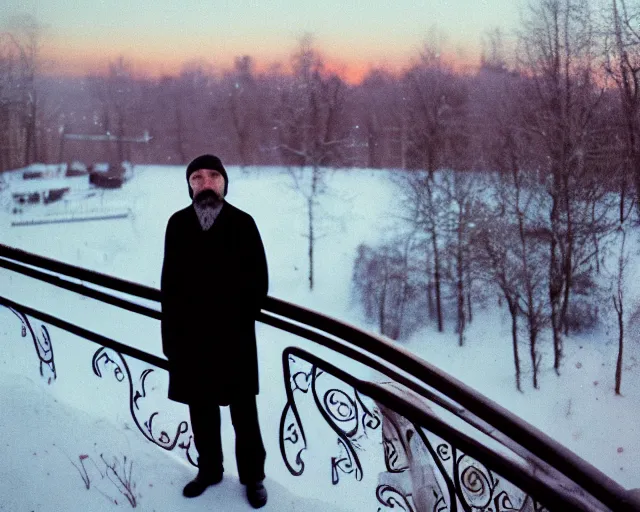 Image similar to lomographic tarkovsky film still of 4 0 years russian man with beard and sweater standing on small hrushevka 9 th floor balcony full with cigarette smoke in winter taiga looking at sunset, cinestill, bokeh