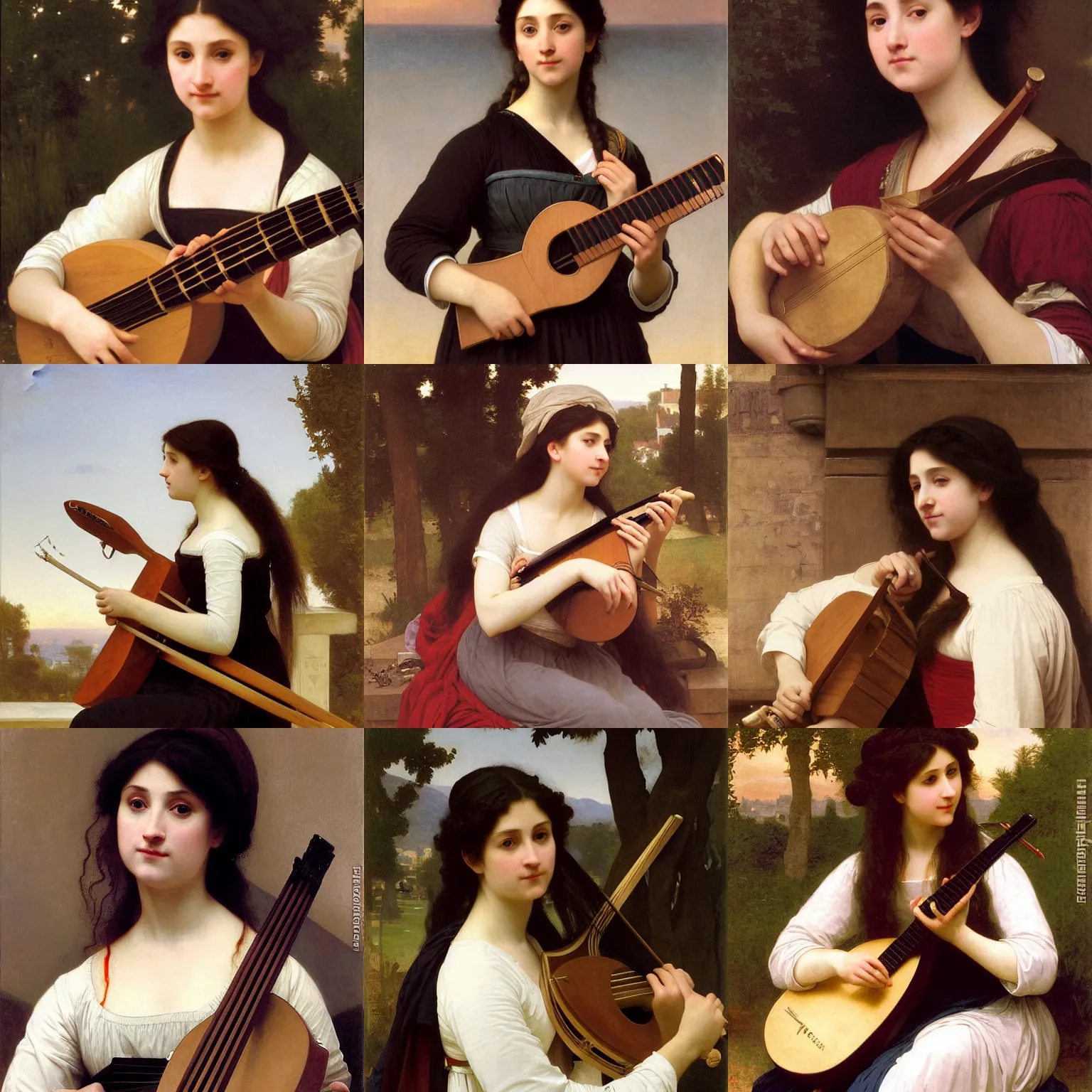 Prompt: Stern English Woman playing the lute. Slender neck. Master Lutist. Long dark hair. Art by William-Adolphe Bouguereau. During golden hour. Extremely detailed. Beautiful. 4K. Award winning.