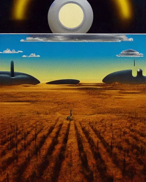 Prompt: a surrealist techno landscape made of synthesizer textures and parts, Jean-michel Jarre Oxygene, 1979, surrealist, photorealistic painting, highly detailed, moody, psychedelic, rule of thirds, golden ratio, 6:3:1