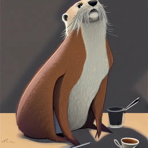 Image similar to anthropomorphic furry otter wearing cool clothes in a coffee shop, trending on art station, furaffinity, syd mead