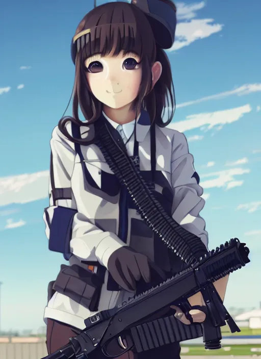 Prompt: a high school girl, hangar roof background, paintball arena landscape, illustration, concept art, anime key visual, trending pixiv fanbox, by wlop and greg rutkowski and makoto shinkai and studio ghibli and kyoto animation, symmetrical facial features, paintball dye mask, airsoft gun, paintball clothing, military carrier rig, realistic anatomy, backlit, gta 5