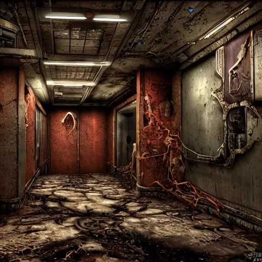 Image similar to disfigured necromorph being crawling in the spacecraft hallway, rusty and dirty interiors, highly realistic and intricate, dim lights