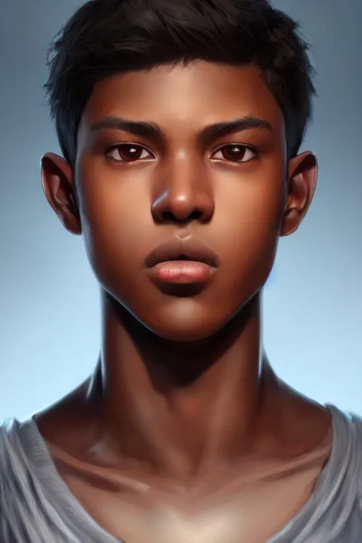 Image similar to young teenager boy with straight short brown hair, dark skin, big lips. highly detailed, d & d, fantasy, highly detailed, digital painting, trending on artstation, concept art, sharp focus, illustration, art by artgerm and greg rutkowski and fuji choko and viktoria gavrilenko and hoang lap