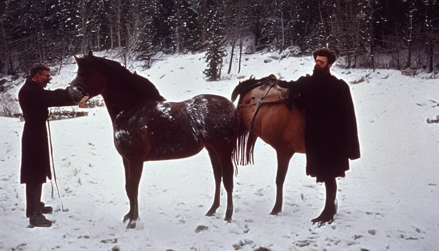 Image similar to 1 9 6 0 s movie still close up of marcus aurelius with his horse frozen to death under the snow by the side of a river with gravel, pine forests, cinestill 8 0 0 t 3 5 mm, high quality, heavy grain, high detail, texture, dramatic light, anamorphic, hyperrealistic, detailed hair, foggy