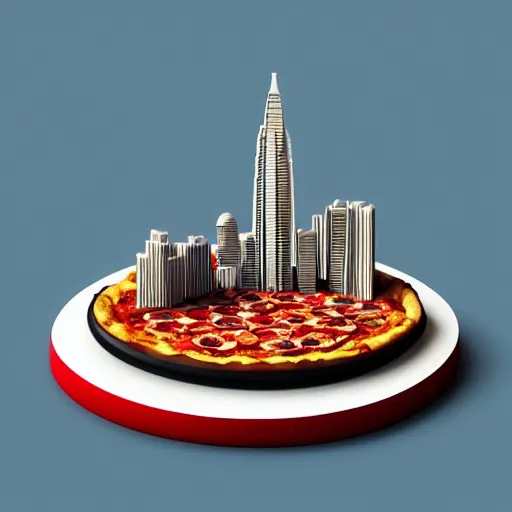 Prompt: A miniature city built on top of a pizza. There are lakes, gardens and buildings. The pizza is placed on an empty table. Food photography, 8k, trending on artstation, octane render, volumetric lighting