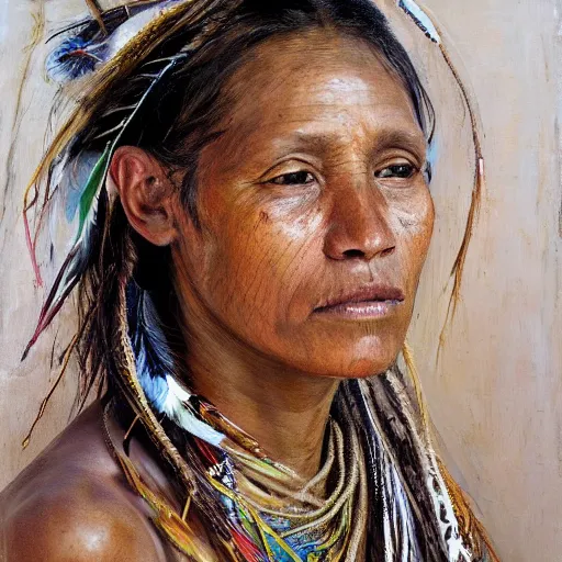 Image similar to high quality high detail painting by jenny saville, hd, a skinny beautiful indigenous woman tribe leader, hair in wind, many pretty feathers, muted colors, cream color, photorealistic lighting