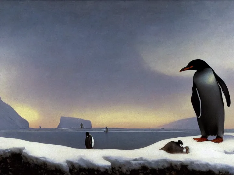 Prompt: an oil painting of a penguin playing in pure white snow on an iceberg in a serene ocean at dusk. aurora. by tuomas korpi moebius and carl spitzweg. baroque elements. intricate artwork by caravaggio. oil painting. oil on canvas. award winning. dramatic. trending on artstation. 8 k