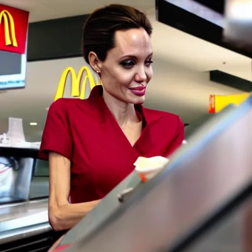 Prompt: Angelina Jolie working as a McDonalds cashier, macro, wide shot, dramatic, HD