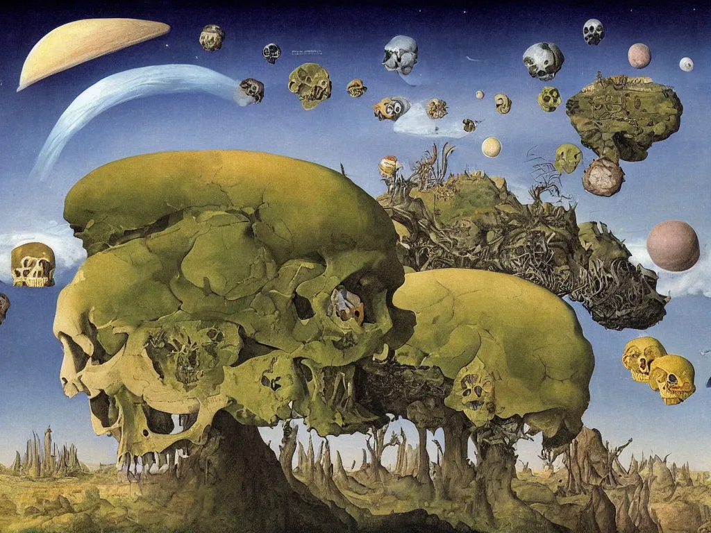 Image similar to The world as seen from the orbits of the skull. Painting by Lucas Cranach, Roger Dean.