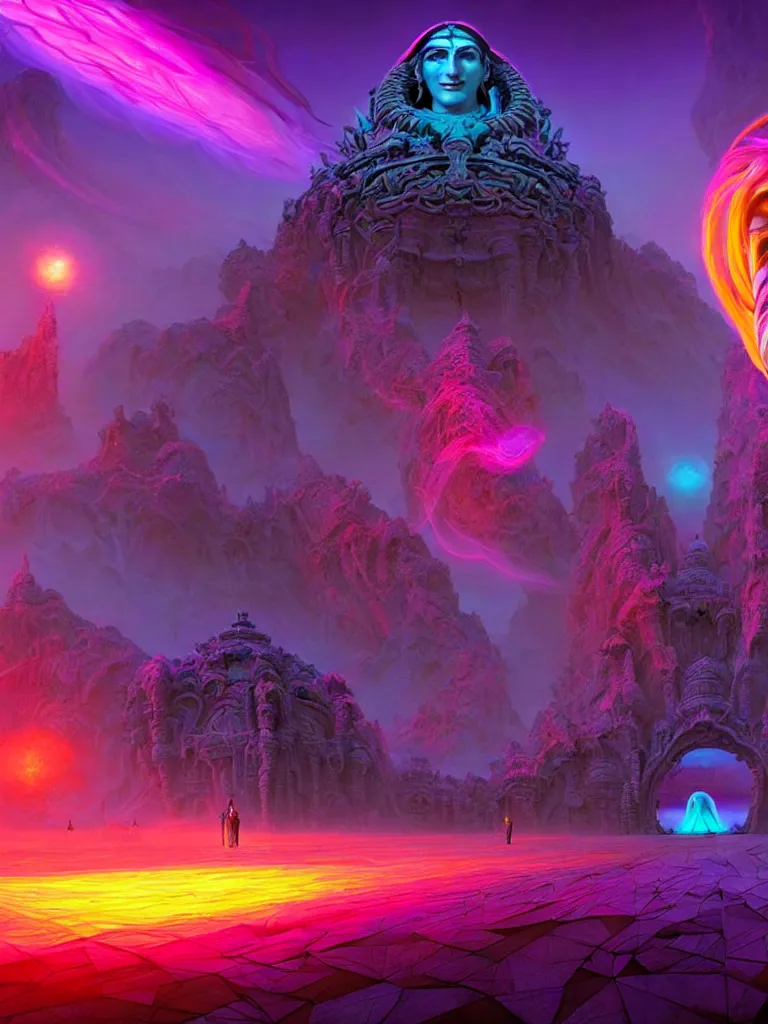 Image similar to entrance to ethereal realm, shiva waiting, rendered in unreal engine, central composition, symmetrical composition, dreamy colorful cyberpunk colors, 6 point perspective, fantasy landscape with anthropomorphic!!! terrain!!! in the styles of igor morski, jim warren, and rob gonsalves, intricate, hyperrealistic, volumetric lighting, neon ambiance, distinct horizon