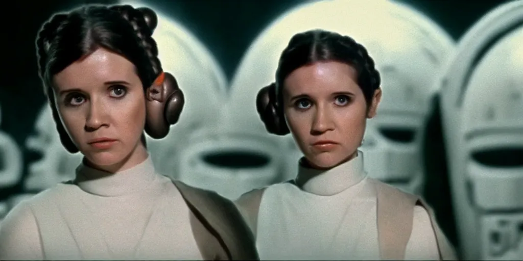 Image similar to screenshot portrait of Jedi Princess Leia, on a planet of maelstrom, chaos, the world without form and void, 1970s film by Stanley Kubrick, lost star wars film, iconic scene, HR Geiger design, stunning cinematography, hyper-detailed, sharp, anamorphic lenses, kodak color, 4k, stunning