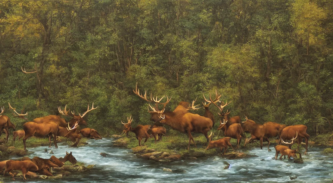 Prompt: a river running through a forest, herd of elk drinking out of it, classic painting, award winning, highly detailed