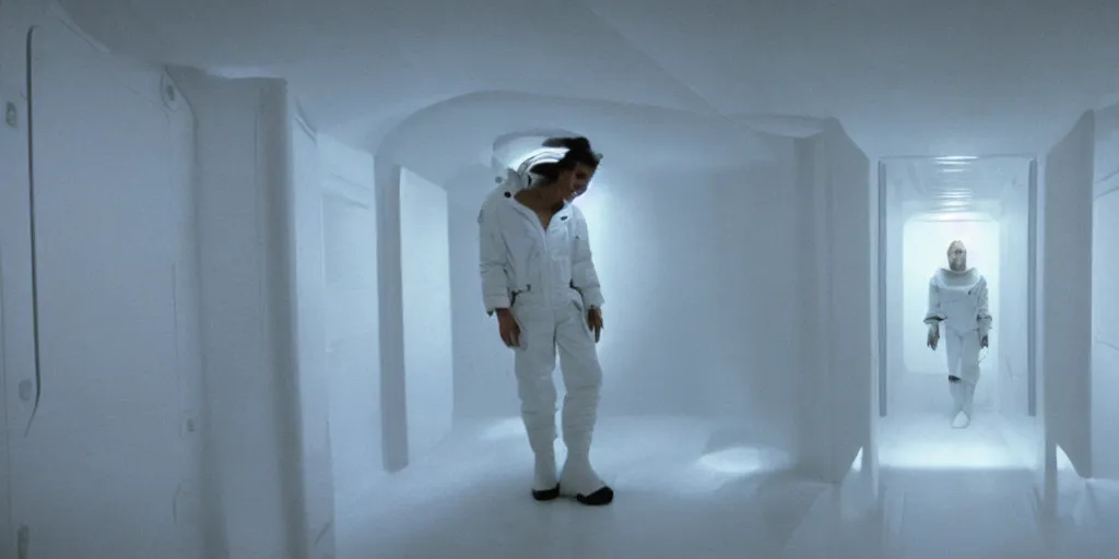 Image similar to a wide shot of Ripley sleeping inside an all-white room of cryogenic sleep chambers by Ridley Scott, Alien movie, grainy, bluish and cream tones