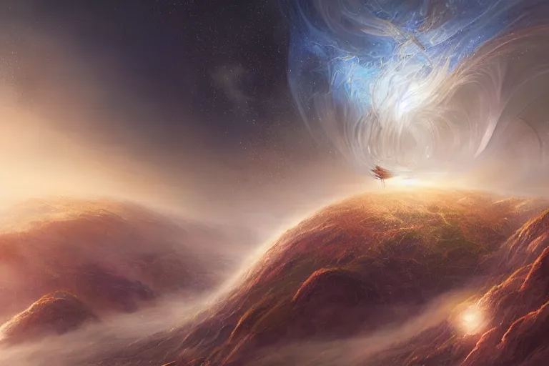 Prompt: genesis, music, the world is born from the pluck of a string, the vibrations bring order from chaos, every living thing is connected by a thread of fate, together they make a glorious song that creates a gnostic hyper-dream ascension of harmony and bliss throughout the universe amazing concept painting by Jessica Rossier