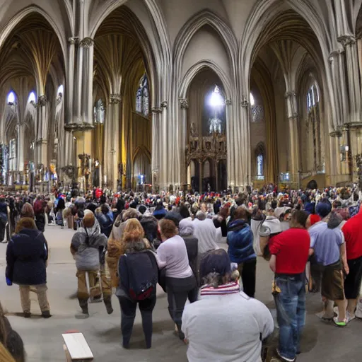 Prompt: few people worshiping a giant microwave in center if a massive cathedral.