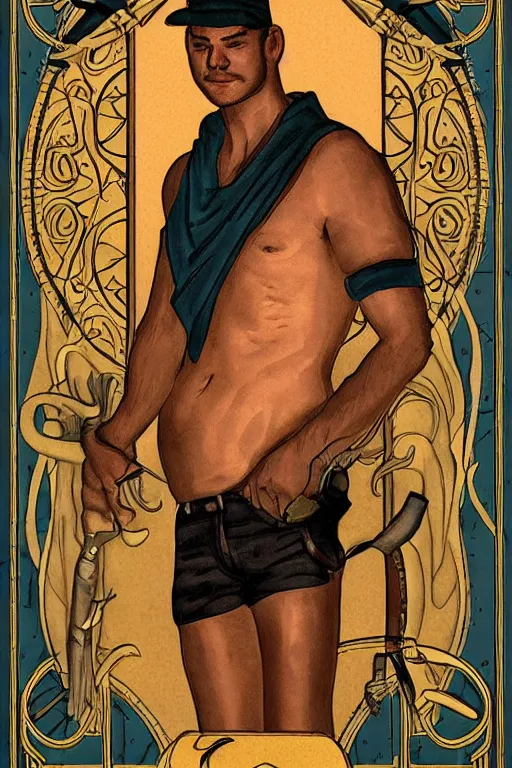 Prompt: tarot card of a shirtless cowboy. dad bod, homoerotic, art deco, art nouveau. by louis comfort julia. trending on artstation