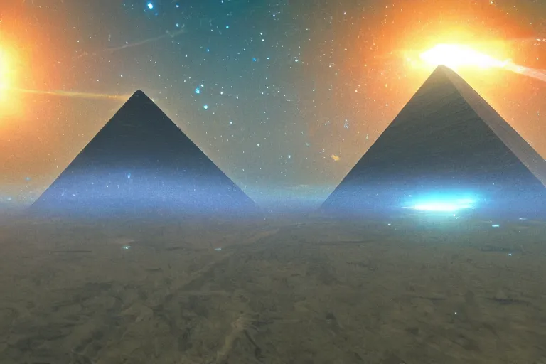 Image similar to It feels like flying But maybe we're dying A cosmic confluence of Pyramids hologrammed, 8k quality, artstation