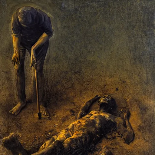 Image similar to one man in a cemetery digging up a dead body, by nicola samori, painting, 8 k, high detail, medium blue, orange, and dark green tones, high quality, sad feeling, high detail, dark colors, sinister atmosphere, dramatic lighting, cinematic, establishing shot, extremely high detail, photo realistic, cinematic lighting