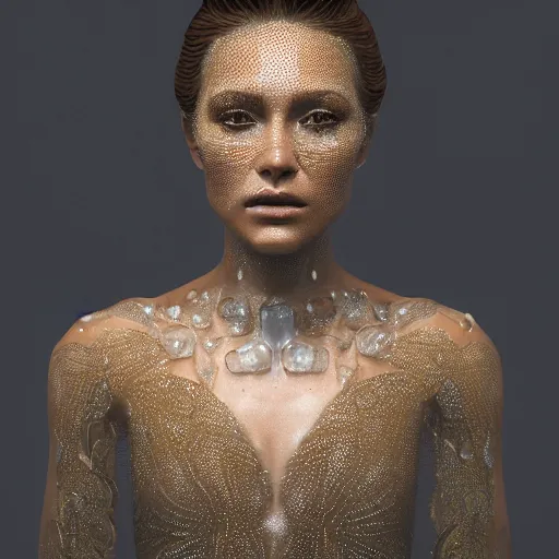 Prompt: a regal brown woman wearing an intricate and detailed armor made of dew drops. multiple layers. reflections. morning dew. textures. delicate. translucent. studio portrait. photorealistic. octane render