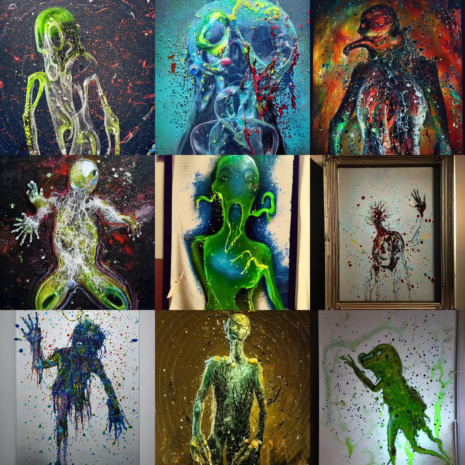 Prompt: stunning, breathtaking, awe - inspiring award - winning biomorphic anthropomorpic transparent gelatinous humanoid splatter painting, extremely moody lighting