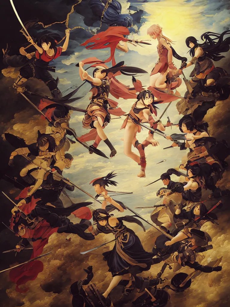 Prompt: baroque oil painting of key visual portrait full body of ninja girls fighting angels in holy crusader armor, brutalist fantasy, rule of thirds golden ratio, fake detail, trending pixiv fanbox, acrylic palette knife, style of makoto shinkai ghibli takashi takeuchi yoshiyuki sadamoto jamie wyeth james gilleard greg rutkowski chiho aoshima