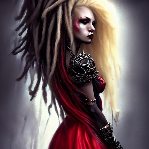 Image similar to photography flawless beautiful psychopathic female with blonde and red dreadlocks in a black ballgown, dark, piercing eyes, exotic expression, esoteric clothing, photorealistic, highly detailed, mysterious lighting, artstation, smooth, sharp focus, art by artgerm, greg rutkowski and luis royo