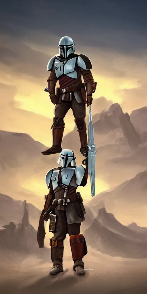 Prompt: a medieval fantasy mandalorian in the style of expert beautiful digital art by envar studio, detailed, epic, stunning composition, desert sunrise in the background