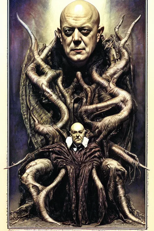 Image similar to a occut art portrait of aleister crowley by wayne barlowe, gustav moreau, goward,  Gaston Bussiere and roberto ferri, santiago caruso, and austin osman spare