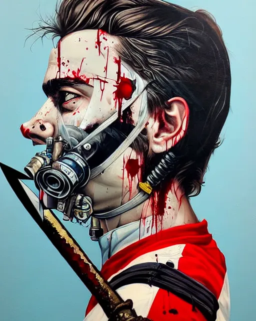 Prompt: portrait of a man wearing oxygen mask, has a sword, blood, a pistol with sea background intricate details with horror side profile by Sandra Chevrier