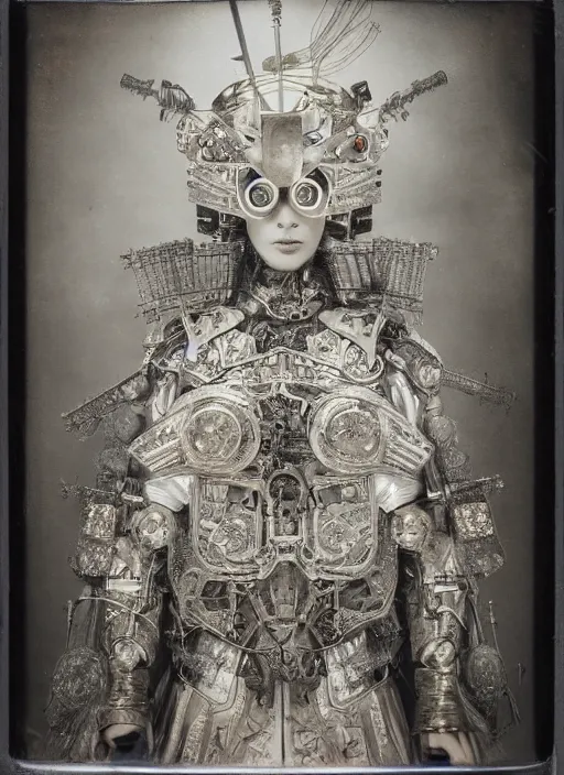 Image similar to old wetplate daguerreotype frame portrait of a futuristic silver armored geisha emperor district 9 cyborg, fractal, intricate, elegant, highly detailed, subsurface scattering, by jheronimus bosch and greg rutkowski and louis jacques mande daguerre