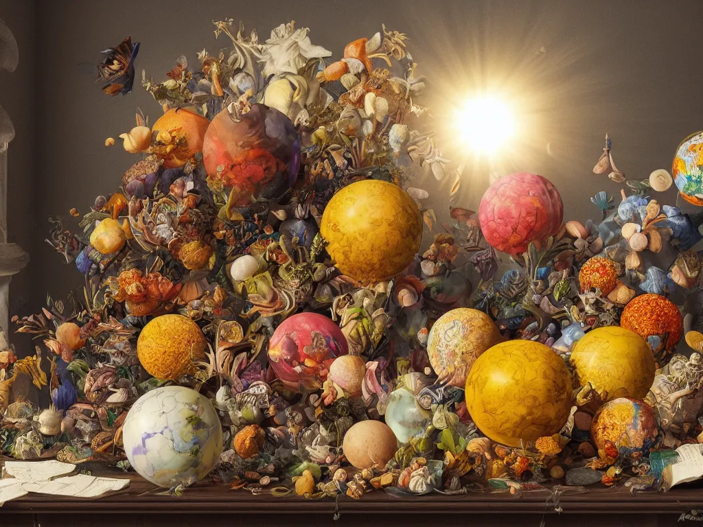 Image similar to 3 d render, sunlight study, the universe is a spheroid region 7 0 5 meters in diameter, art nouveau, by cornelis de heem and maria sibylla merian and ( ( ( ( ( lisa frank ) ) ) ) ), 8 k, sharp focus, octane render