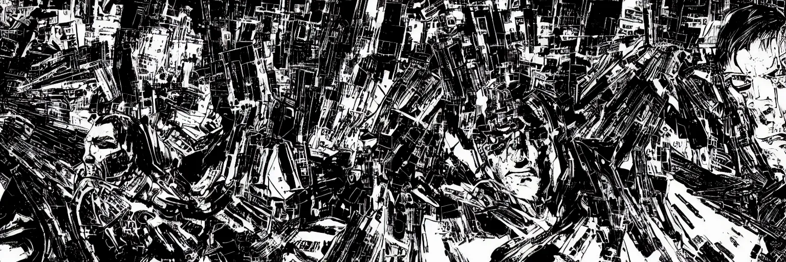 Image similar to Graphic Novel background, high resolution, frank miller, cyber punk, hyper realistic, atmospheric, high contrast