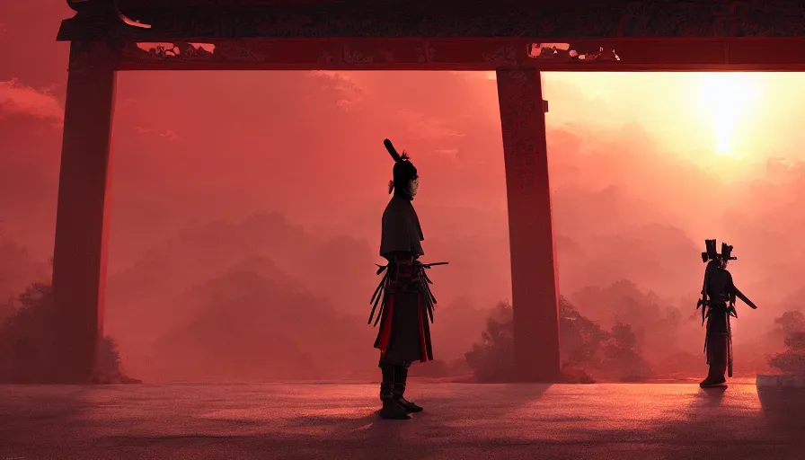 Image similar to An armed samurai standing under a torii gate, red sunrise , hyperdetailed, artstation, cgsociety, 8k