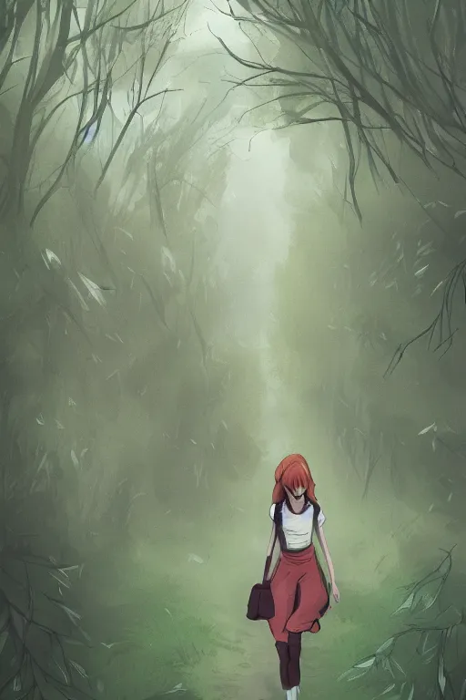Prompt: young woman trying to walk through heavy winds in tall overgrown forest, award winning illustration, artstation