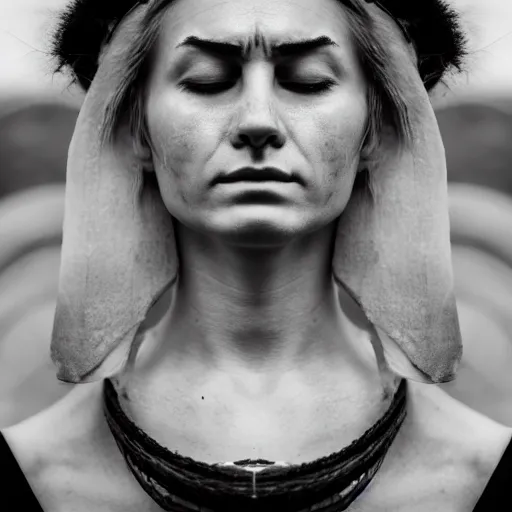 Image similar to minimalist photography portrait of a germanic pagan woman, sad, crying, tear, early middle ages, heathen warrior, symmetrical, super close up, mid thirties, cute round slanted eyes, caucasian, wide nostrils, high cheekbones, full cheeks, high flat eyebrows, ethereal essence, leica 1 0 0 mm f 0. 8