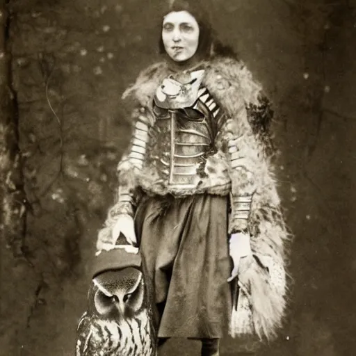 Image similar to photo of a woman with in owl armour