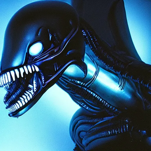 Image similar to a xenomorph looking menacingly at the camera, dramatic blue lighting