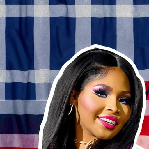 Image similar to presidential photo of Nicki Minaj, centered in the middle of the picture, flag of Argentina behind on the left side, background out of focus