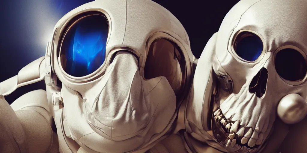 Prompt: realistic skull in astronaut suit with gold linens, cinematic lighting, dramatic, octane render, long lens, shallow depth of field, bokeh, anamorphic lens flare, 8k, hyper detailed