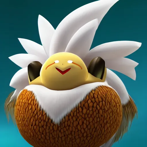 Image similar to a pokemon that looks like a coconuts . The body half coconuts half rooster,Trending on art station. Unreal engine.